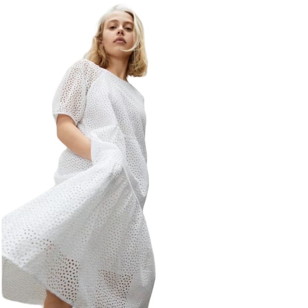 New!! EVERLANE NWT Tiered Eyelet Puff Sleeve Dress sz S in white